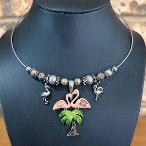 Silver tone Flamingo Charm and Beaded collar Tropical necklace